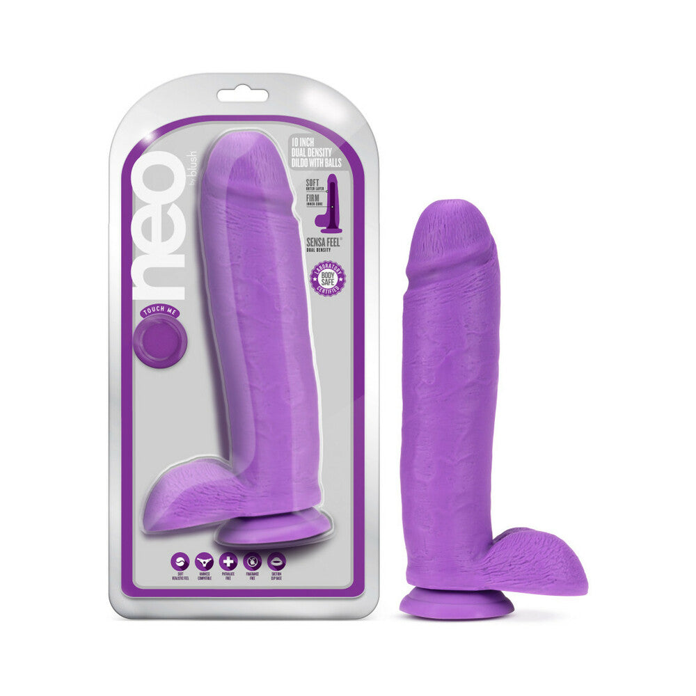 Blush Neo 10 in. Dual Density Dildo with Balls & Suction Cup Neon Purple