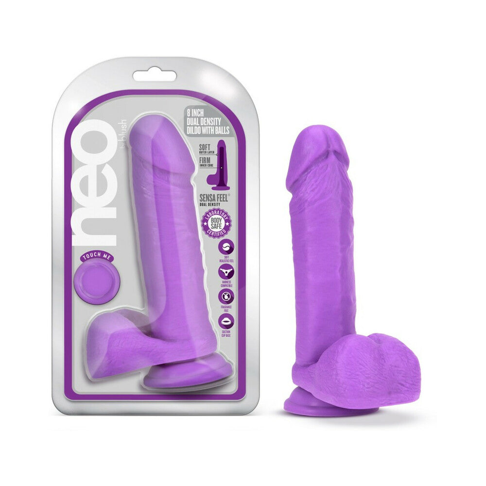 Blush Neo 8 in. Dual Density Dildo with Balls & Suction Cup Neon Purple