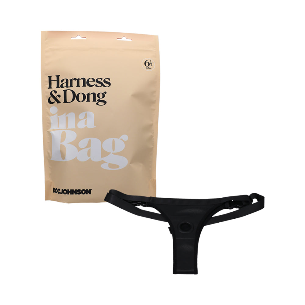 Doc Johnson Harness & Dong In A Bag Adjustable Faux Leather Strap-On with 5.25 in. Silicone Dildo Black