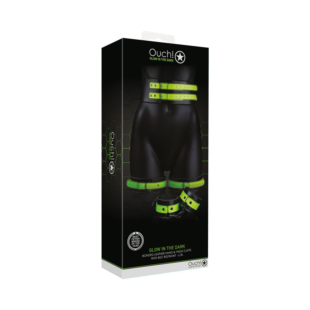 Ouch! Glow in the Dark 5-Piece Bonded Leather Thigh & Handcuffs With Belt Restraint Neon Green L/XL