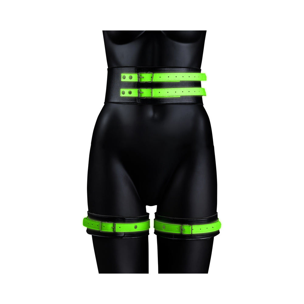 Ouch! Glow in the Dark 5-Piece Bonded Leather Thigh & Handcuffs With Belt Restraint Neon Green L/XL