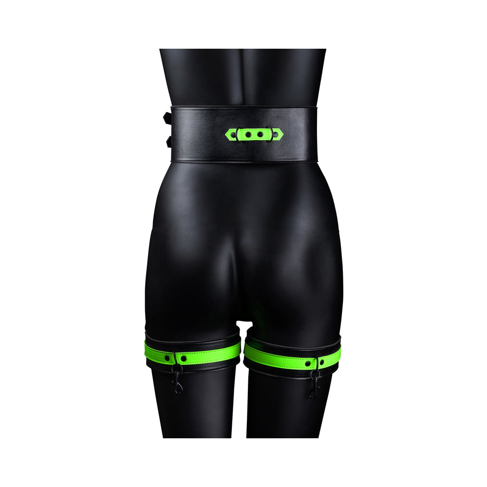 Ouch! Glow in the Dark 5-Piece Bonded Leather Thigh & Handcuffs With Belt Restraint Neon Green L/XL