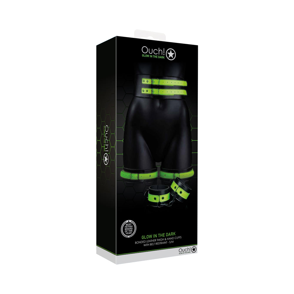 Ouch! Glow in the Dark 5-Piece Bonded Leather Thigh & Handcuffs With Belt Restraint Neon Green S/M