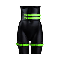 Ouch! Glow in the Dark 5-Piece Bonded Leather Thigh & Handcuffs With Belt Restraint Neon Green S/M