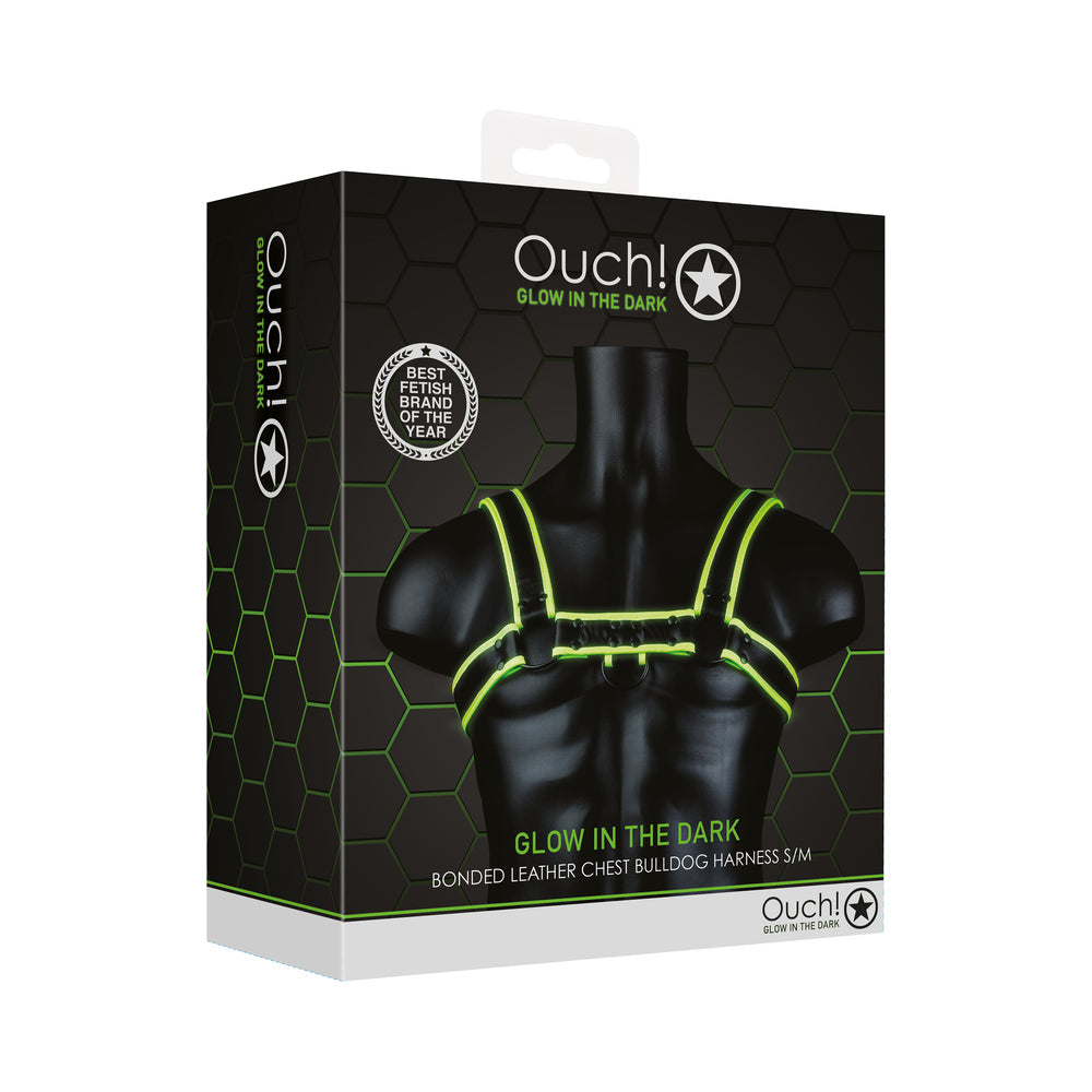 Ouch! Glow in the Dark Bonded Leather Chest Bulldog Harness Neon Green S/M