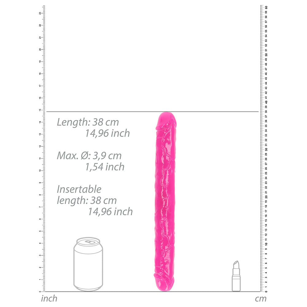 RealRock Glow in the Dark Double Dong 15 in. Dual-Ended Dildo Neon Pink