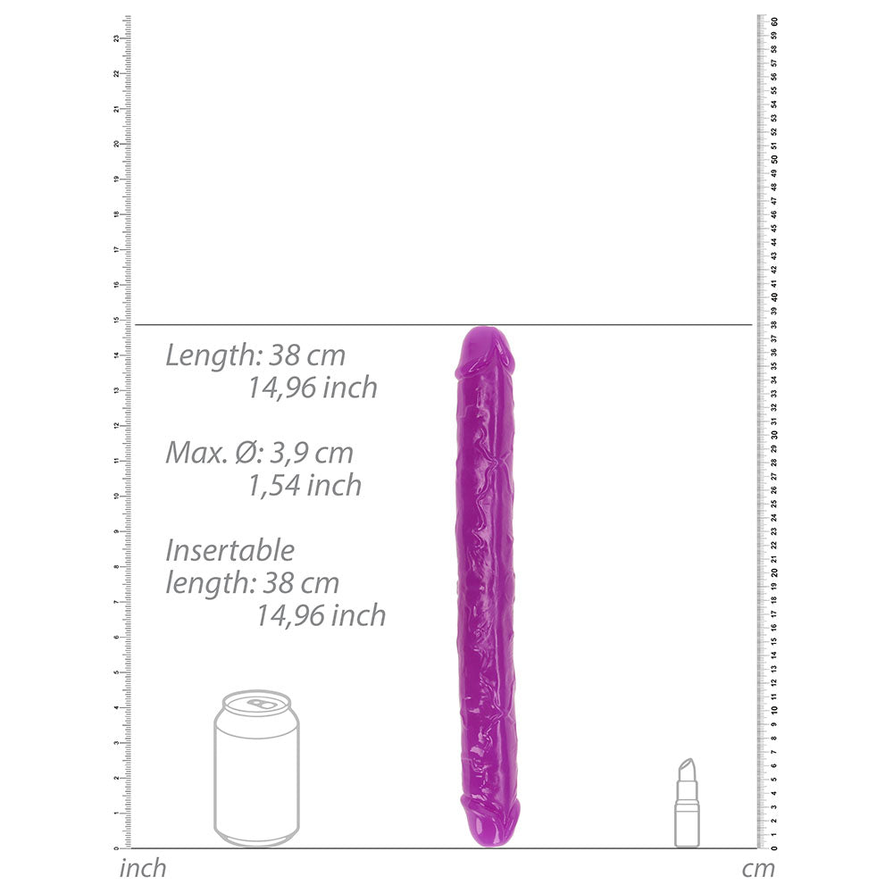 RealRock Glow in the Dark Double Dong 15 in. Dual-Ended Dildo Neon Purple