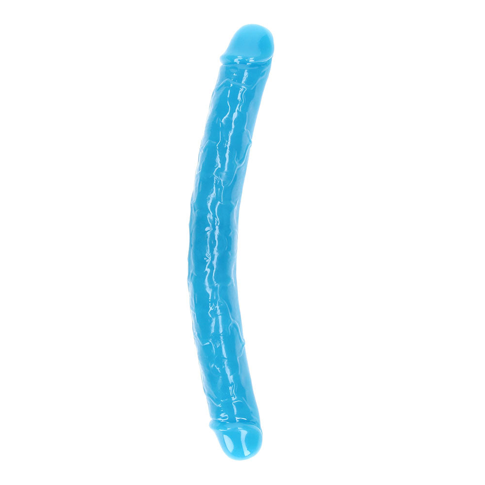 RealRock Glow in the Dark Double Dong 15 in. Dual-Ended Dildo Neon Blue