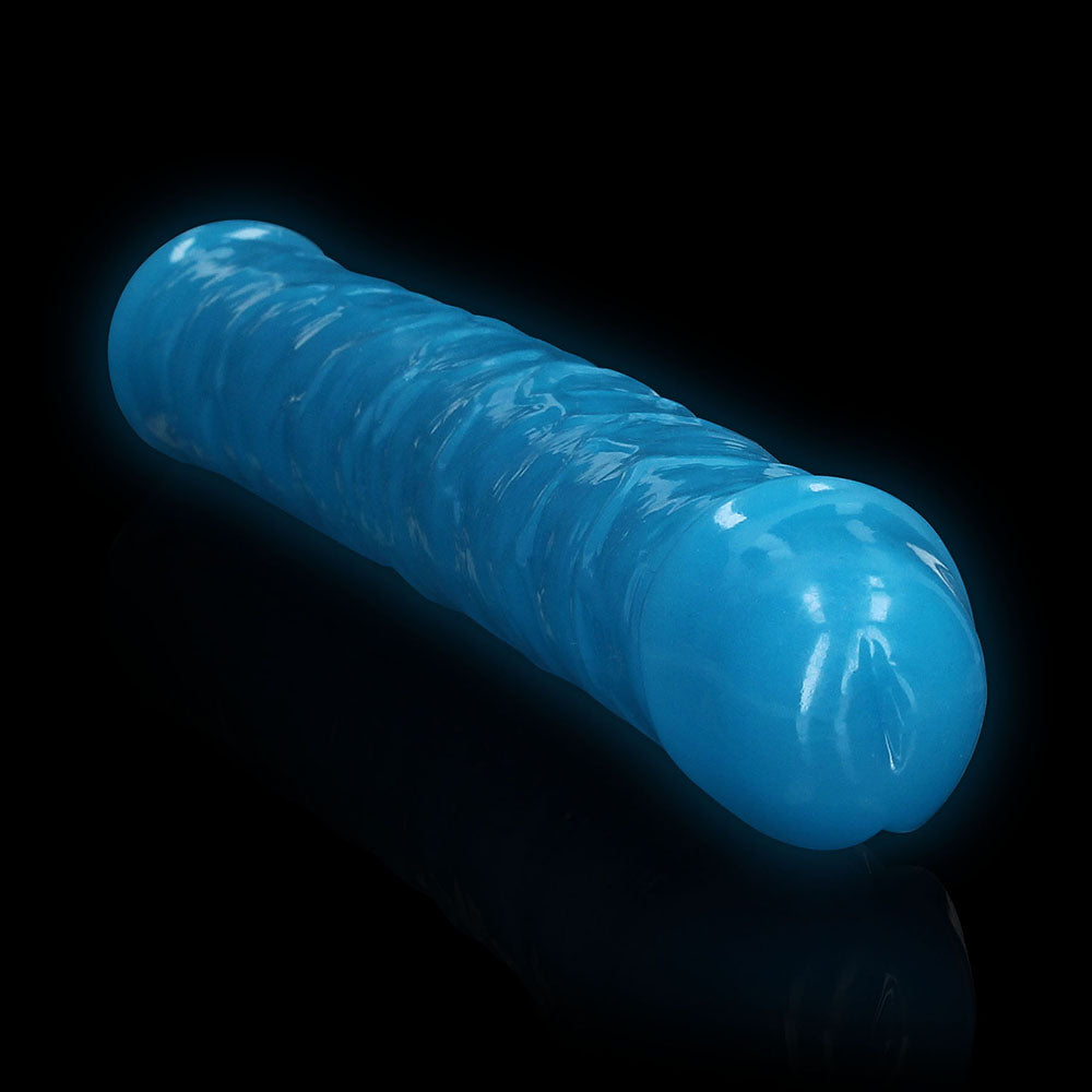 RealRock Glow in the Dark Double Dong 15 in. Dual-Ended Dildo Neon Blue