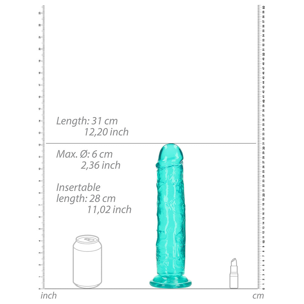 RealRock Crystal Clear Straight 11 in. Dildo Without Balls Turquoise