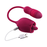 Evolved Wild Rose Rechargeable Dual-Ended Silicone Thrusting Egg & Flicking Tongue Vibrator Red