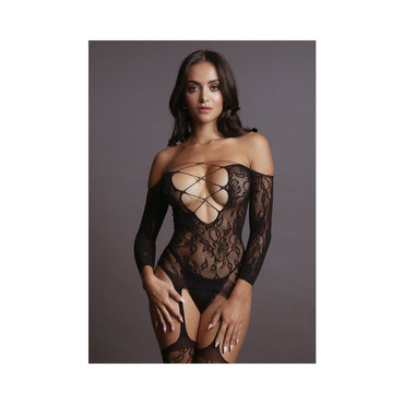 Le Desir Deep-V Criss-Cross Bodystocking Black O/S