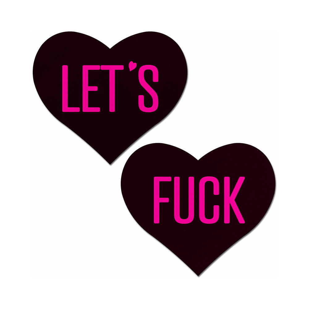 Pastease Love: "Let's Fuck" Black Heart on Neon Pink Base Nipple Pasties