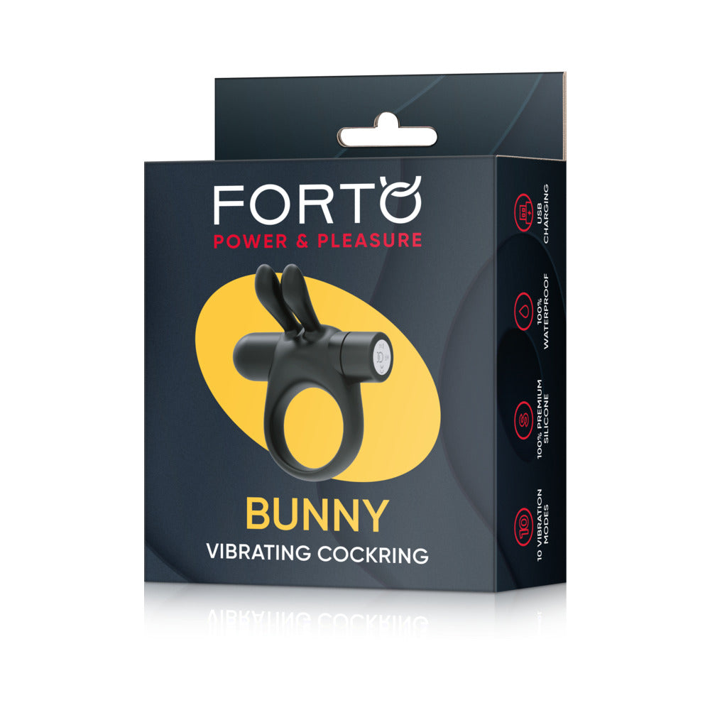 Forto Bunny Rechargeable Silicone Vibrating Cockring with Stimulating Ears Black