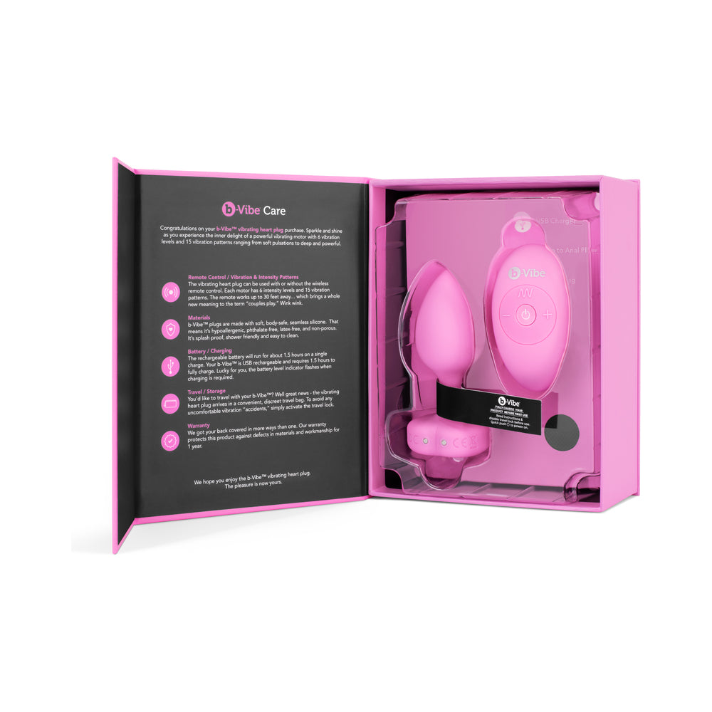 b-Vibe Vibrating Heart Rechargeable Remote-Controlled Anal Plug with Heart-Shaped Jewel Base S/M Pink