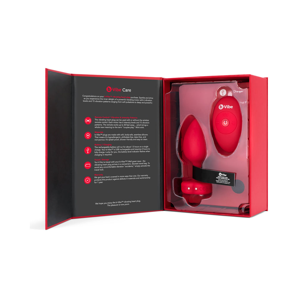 b-Vibe Vibrating Heart Rechargeable Remote-Controlled Anal Plug with Heart-Shaped Jewel Base M/L Red