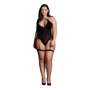 Shots Le Desir Shade Metis XVI Bodysuit with Garters & Crossed Neckline Black Queen Size