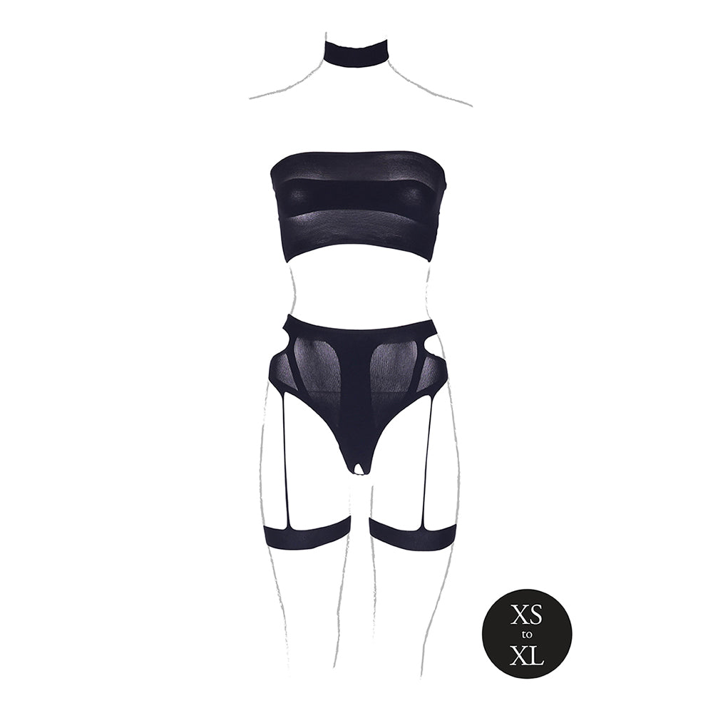Shots Le Desir Shade Ananke XII 3-Piece with Choker, Bandeau Top & Panty with Garters Black O/S