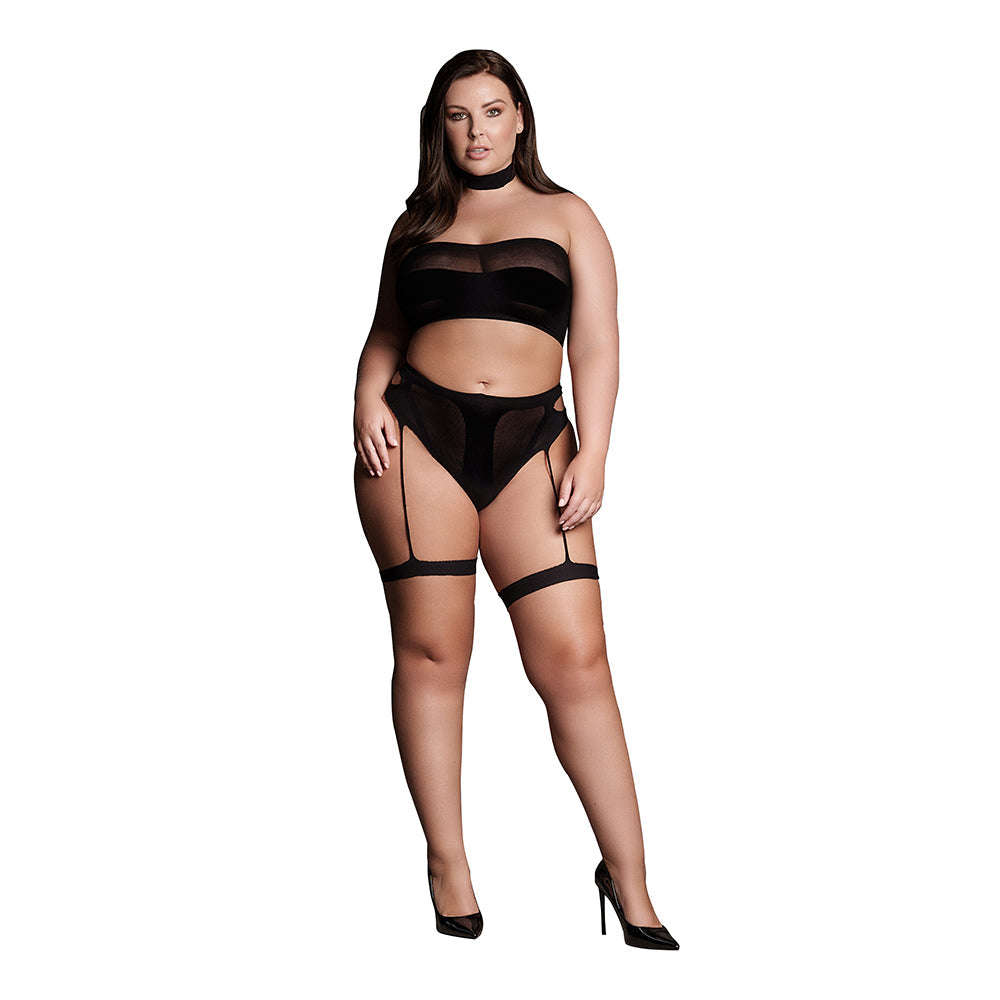 Shots Le Desir Shade Ananke XII 3-Piece with Choker, Bandeau Top & Panty with Garters Black Queen Size