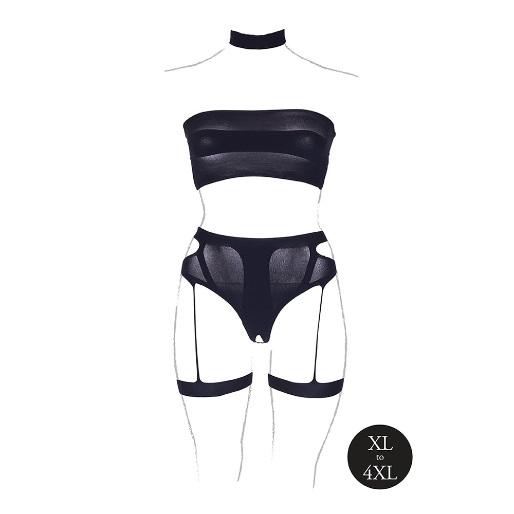 Shots Le Desir Shade Ananke XII 3-Piece with Choker, Bandeau Top & Panty with Garters Black Queen Size