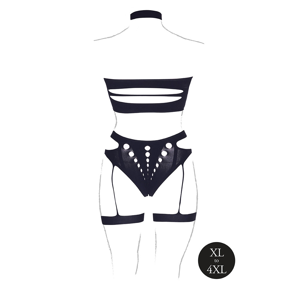 Shots Le Desir Shade Ananke XII 3-Piece with Choker, Bandeau Top & Panty with Garters Black Queen Size