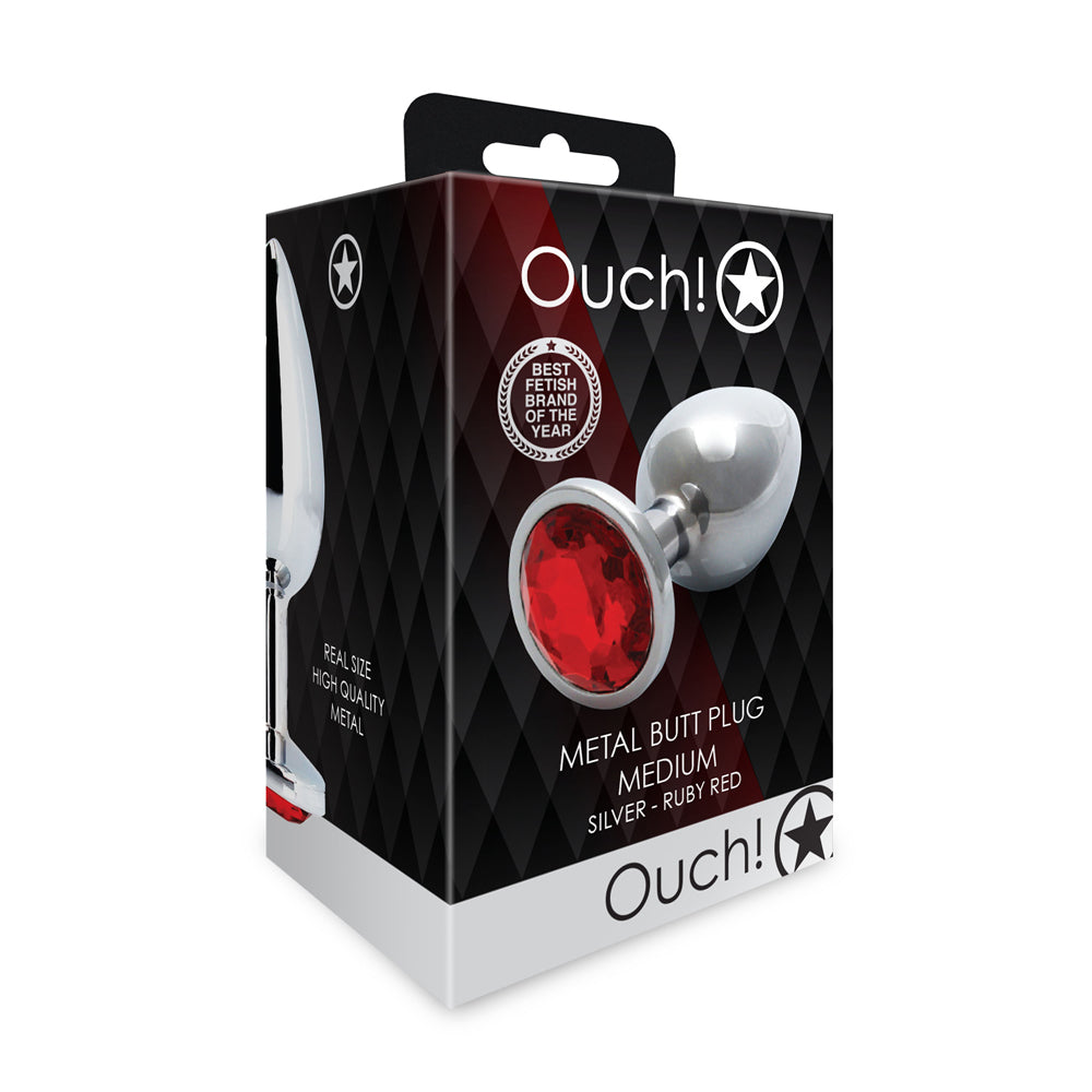 Shots Ouch! Round Gem Butt Plug Medium Silver/Ruby Red