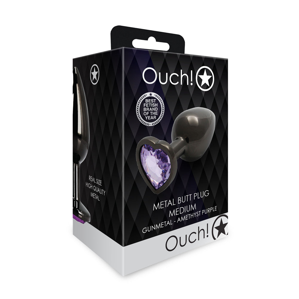 Shots Ouch! Heart Gem Butt Plug Medium Gunmetal/Amethyst