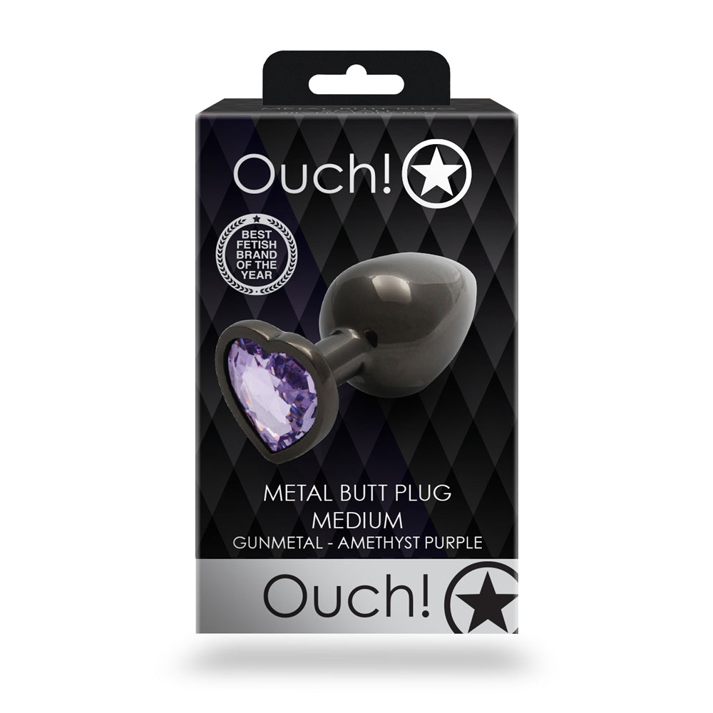 Shots Ouch! Heart Gem Butt Plug Medium Gunmetal/Amethyst