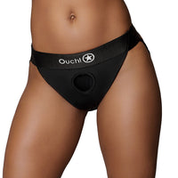 Shots Ouch! Vibrating Strap-on Panty Harness with Open Back Black M/L