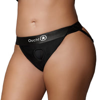 Shots Ouch! Vibrating Strap-on Panty Harness with Open Back Black XL/2XL