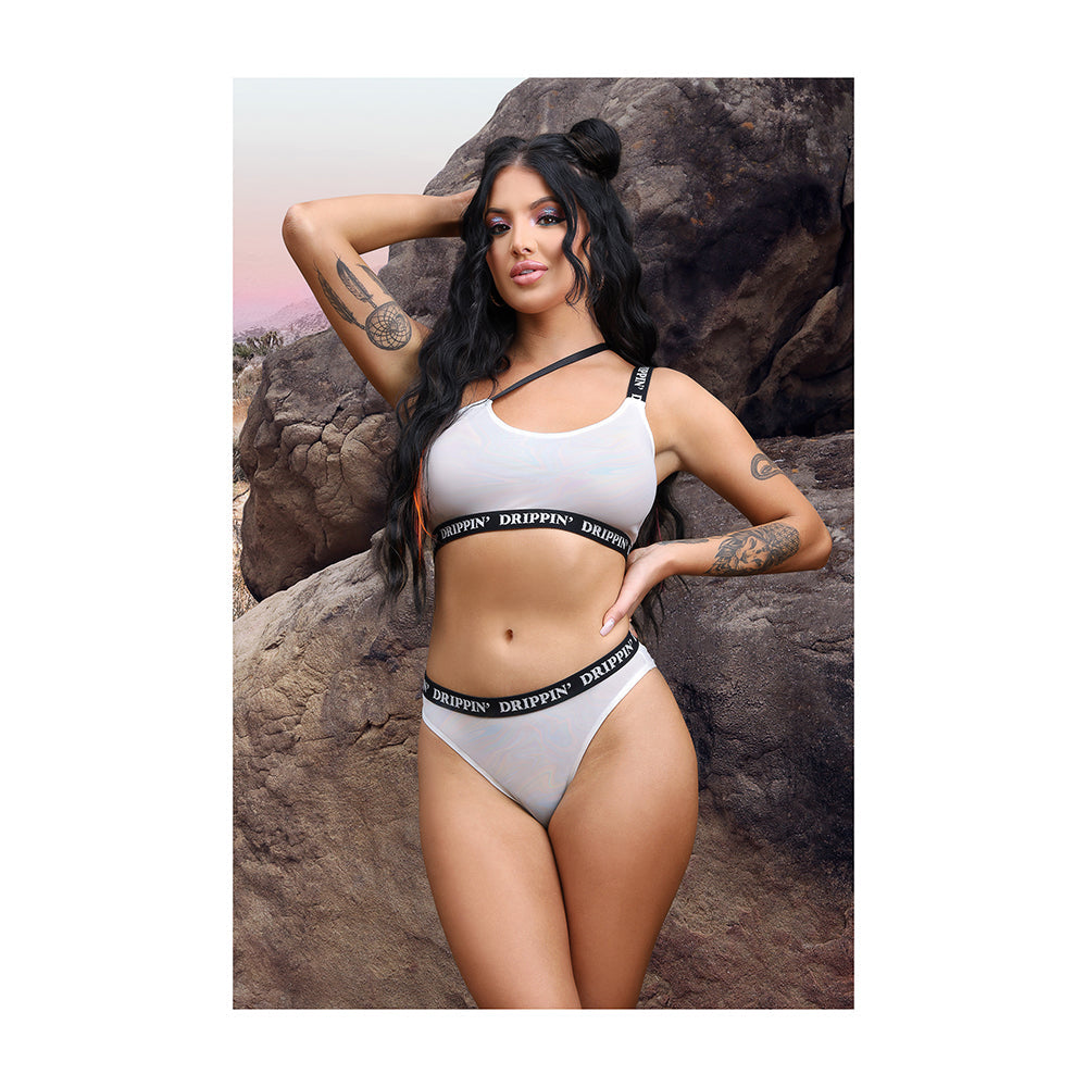 Fantasy Lingerie Vibes Drippin' Iridescent Strappy One-Shoulder Top & Cheeky Panty Pearl White M/L