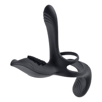 Playboy The 3 Way Rechargeable Remote Controlled Vibrating Silicone Cockring with Stimulator Black