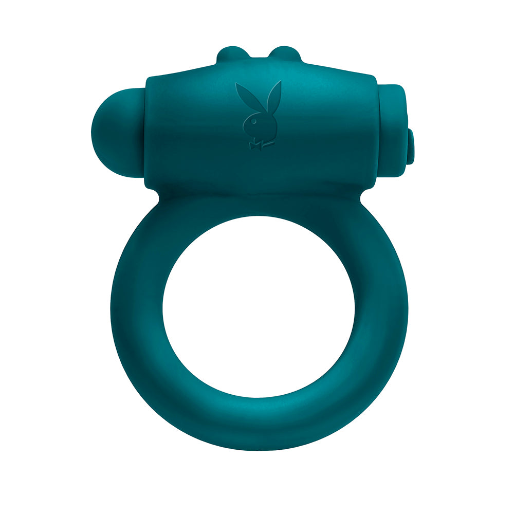 Playboy Bunny Buzzer Rechargeable Vibrating Silicone Cockring with Stimulator Deep Teal