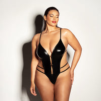 Oh Là Là Chéri Whipped Soft Cup Open Gusset Vinyl Teddy with Barbell Trim Details Queen Size