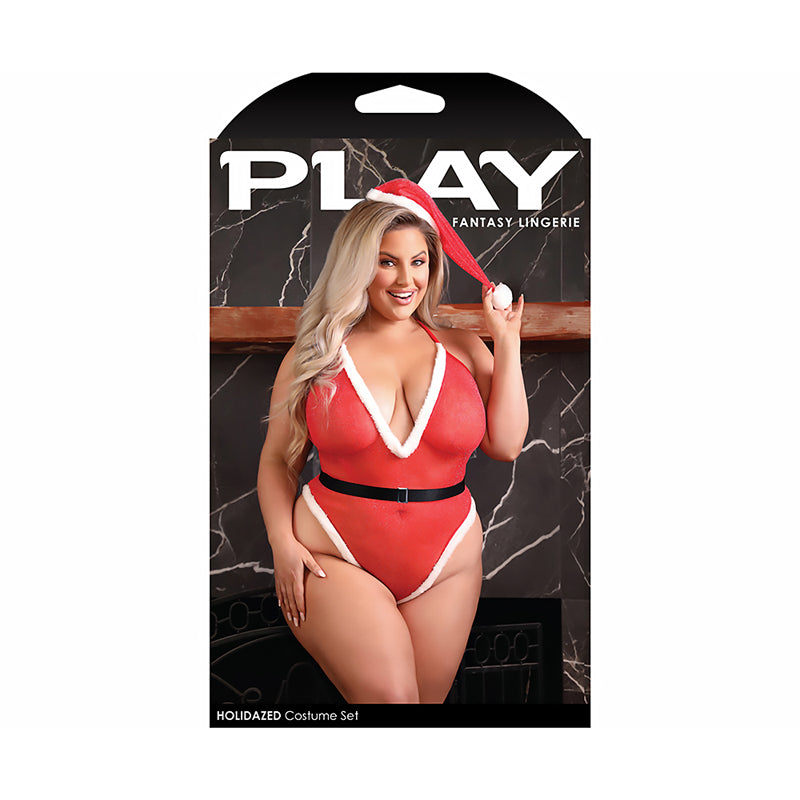 Fantasy Lingerie Play Holidazed Sheer Sparkle Mesh Teddy with Faux Fur Trim, Belt & Santa Hat Red 1XL/2XL