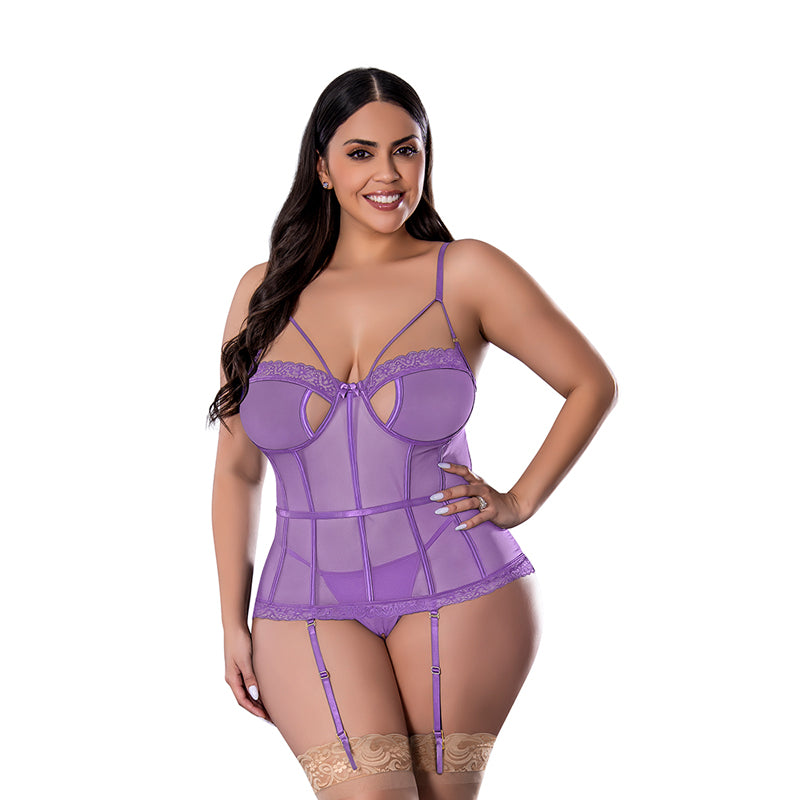 Magic Silk Sheer Passion Keyhole Basque & Crotchless G-String Very Peri Queen Size