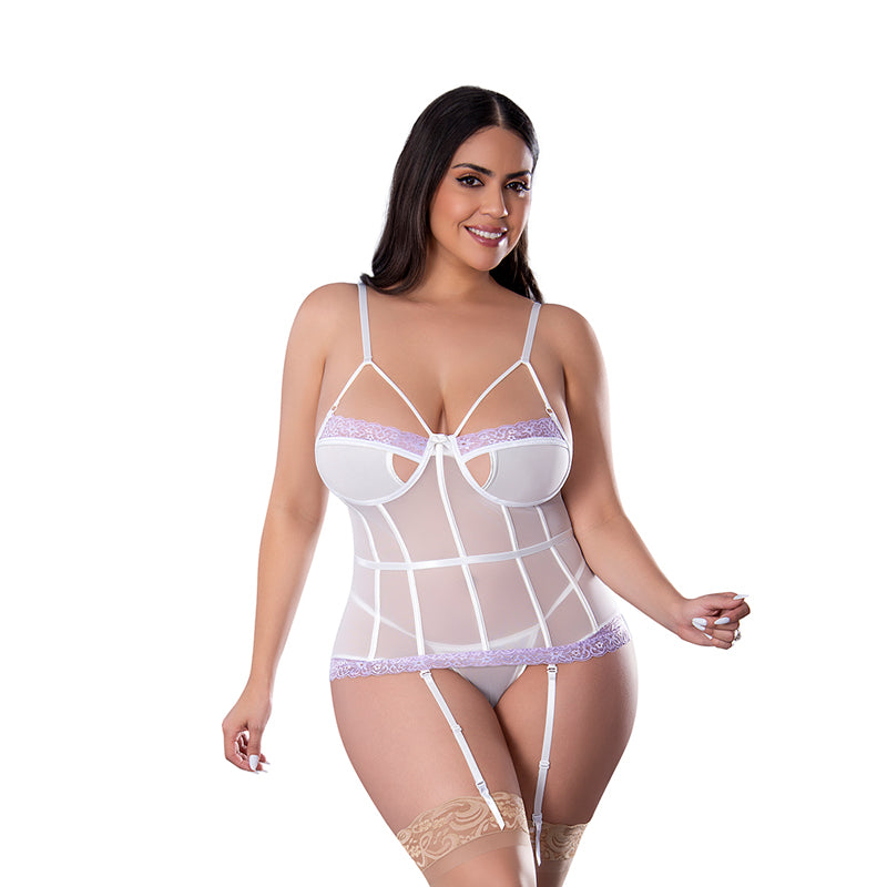 Magic Silk Sheer Passion Keyhole Basque & Crotchless G-String White/Lavender Queen Size