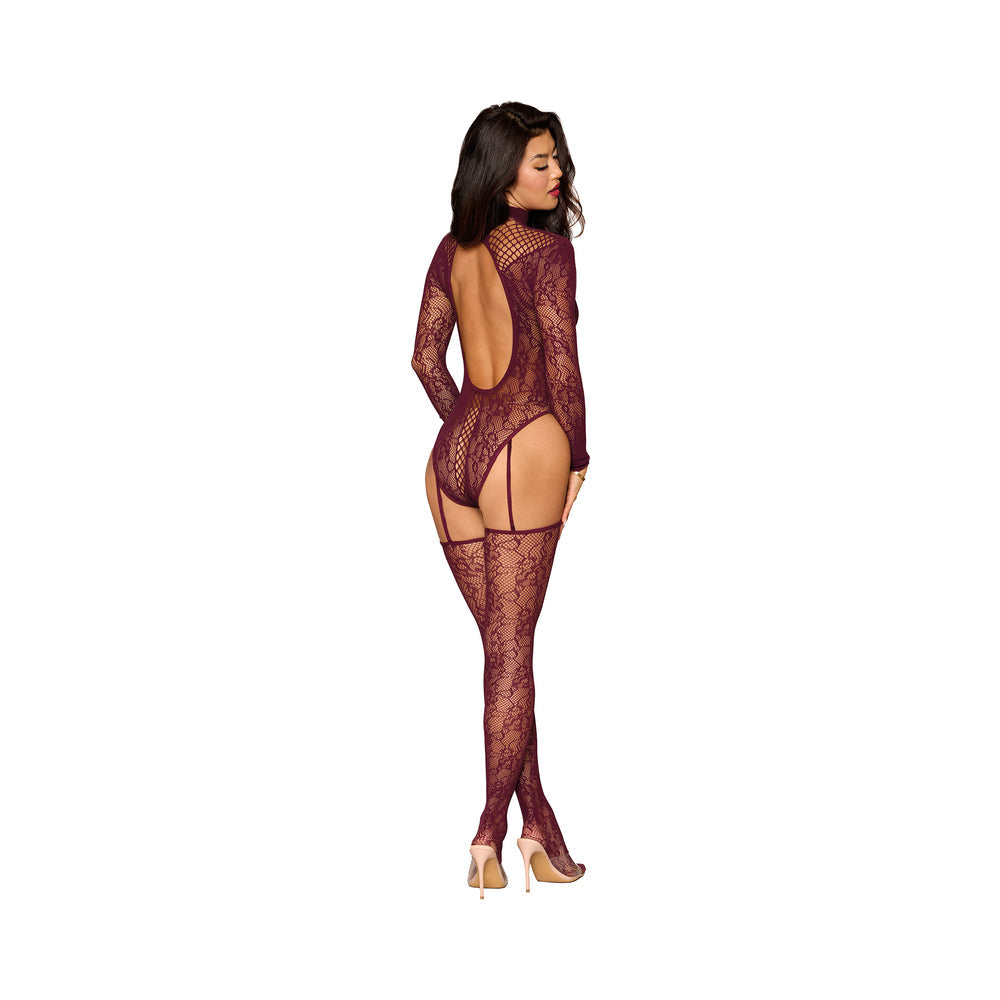 Dreamgirl Lace Teddy Bodystocking with Attached Stockings Cherry Lacquer O/S