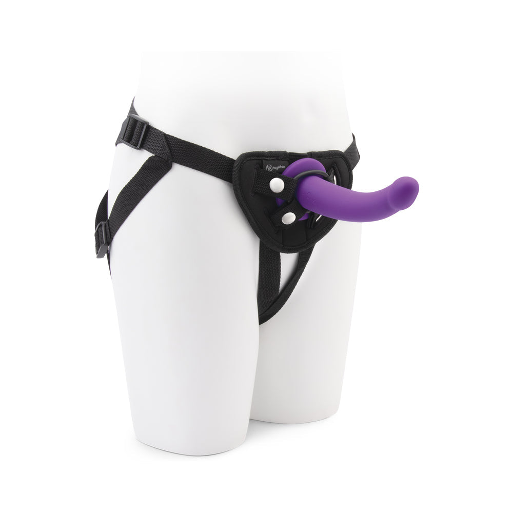 Together Tilt 7 in. Vibrating Silicone Dildo & Harness Set Purple