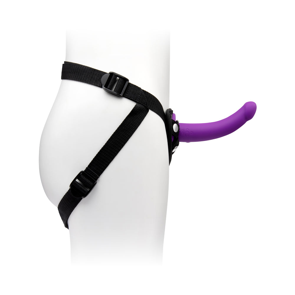 Together Tilt 7 in. Vibrating Silicone Dildo & Harness Set Purple