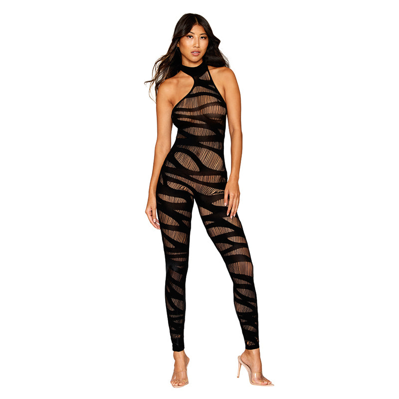 Dreamgirl Asymmetric Neck Ripped-Effect Bodystocking Black O/S
