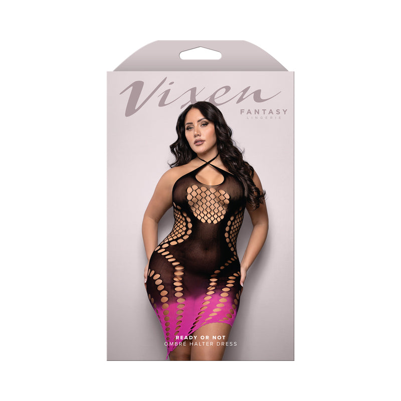 Fantasy Lingerie Vixen Ready Or Not Ombr√à Knit Asymmetrical Keyhole Halter Dress Black/Pink Queen Size