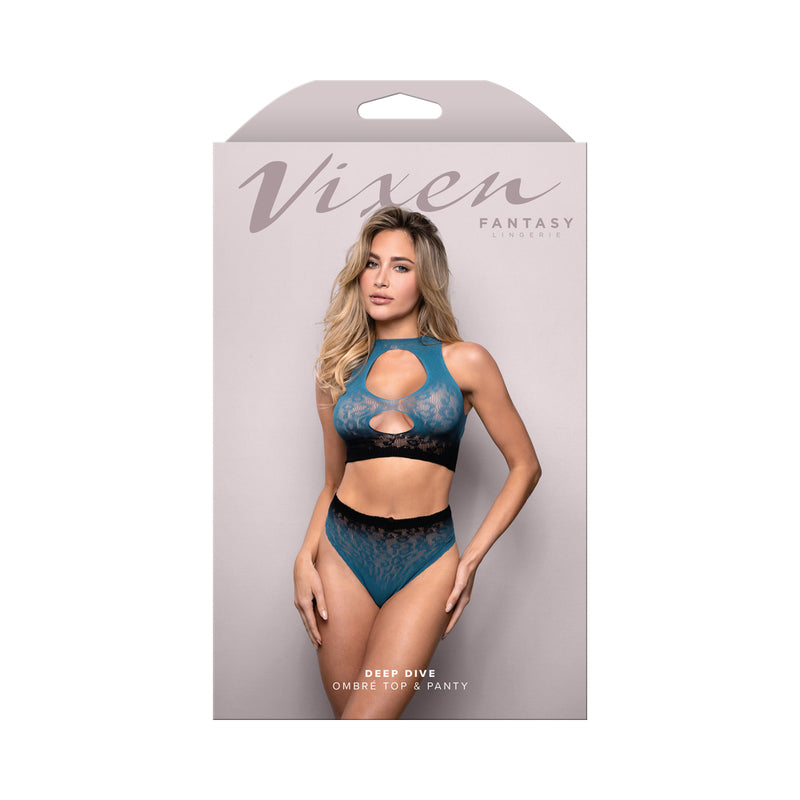Fantasy Lingerie Vixen Deep Dive Ombr√à Leopard Knit Cut-Out Top & Panty Black/Blue O/S