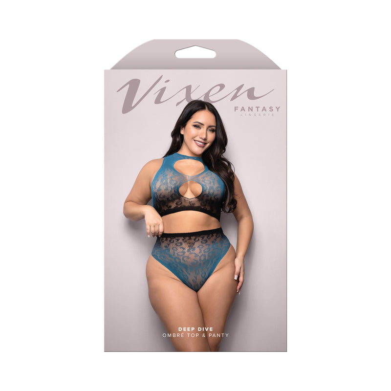 Fantasy Lingerie Vixen Deep Dive Ombr√à Leopard Knit Cut-Out Top & Panty Black/Blue Queen Size
