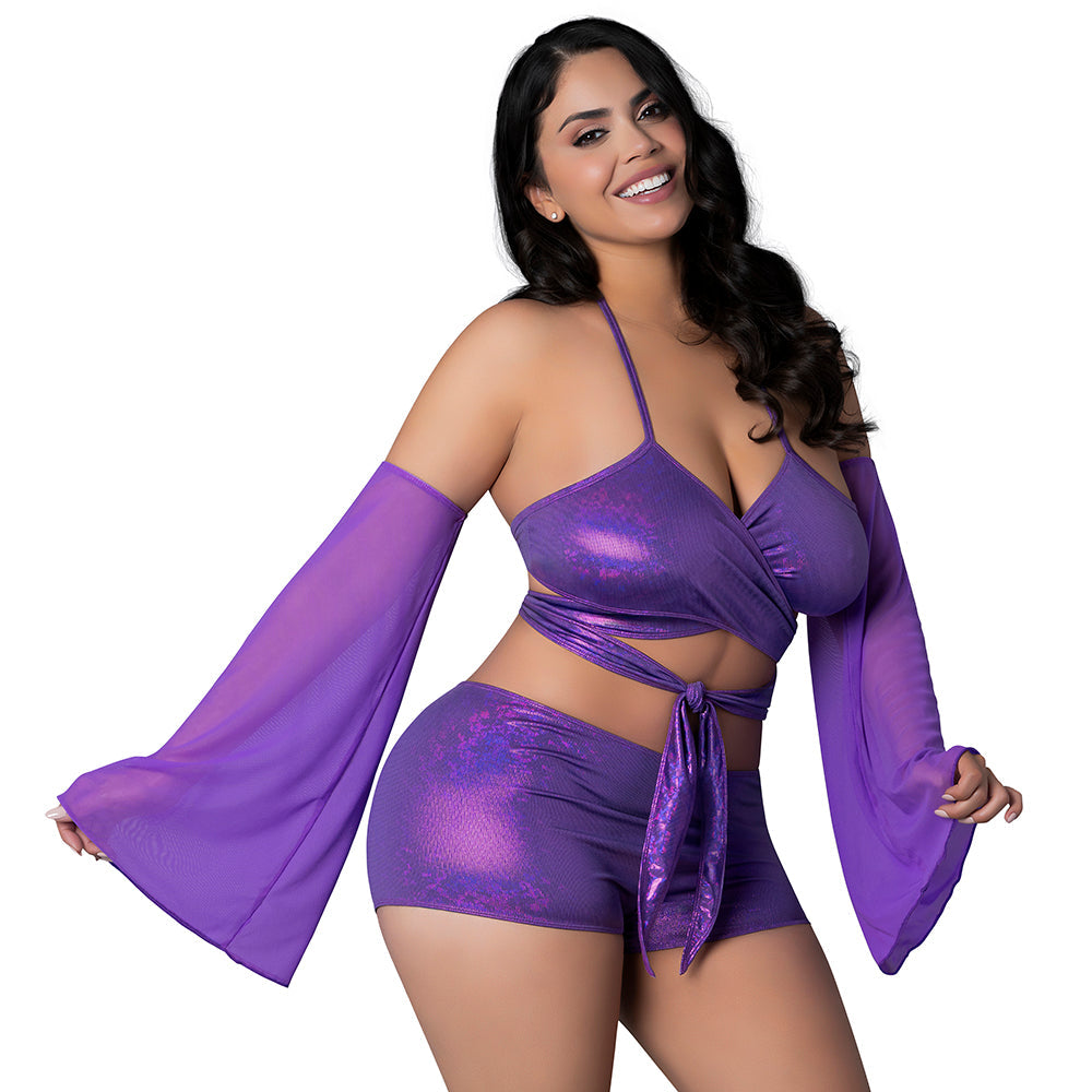 Glimmer Wrap Bralette, Booty Shorts & Sleeve Set (Curvy)
