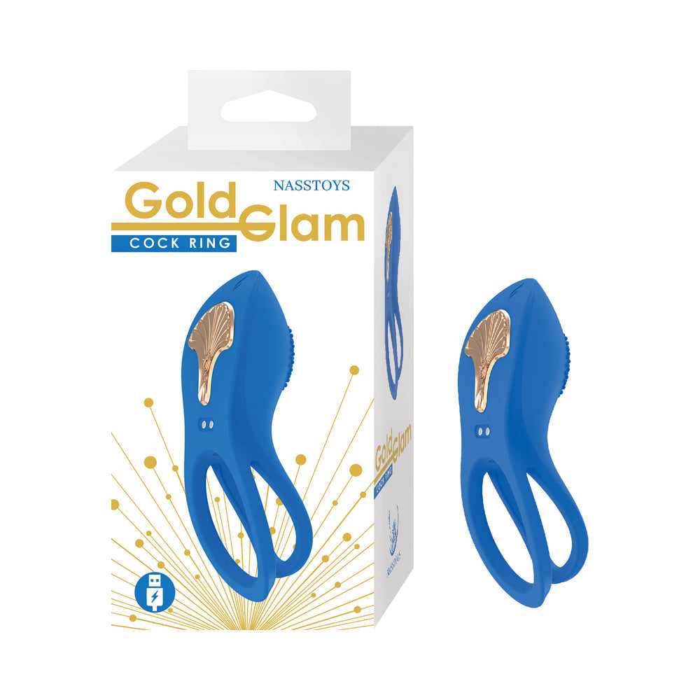 Gold Glam Cock Ring Vibrator - Blue