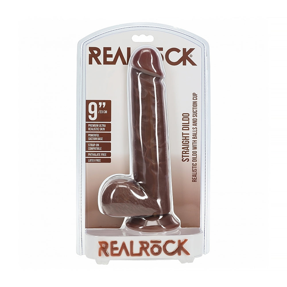 RealRock 9in Cock w/Balls Straight Brown Dildo