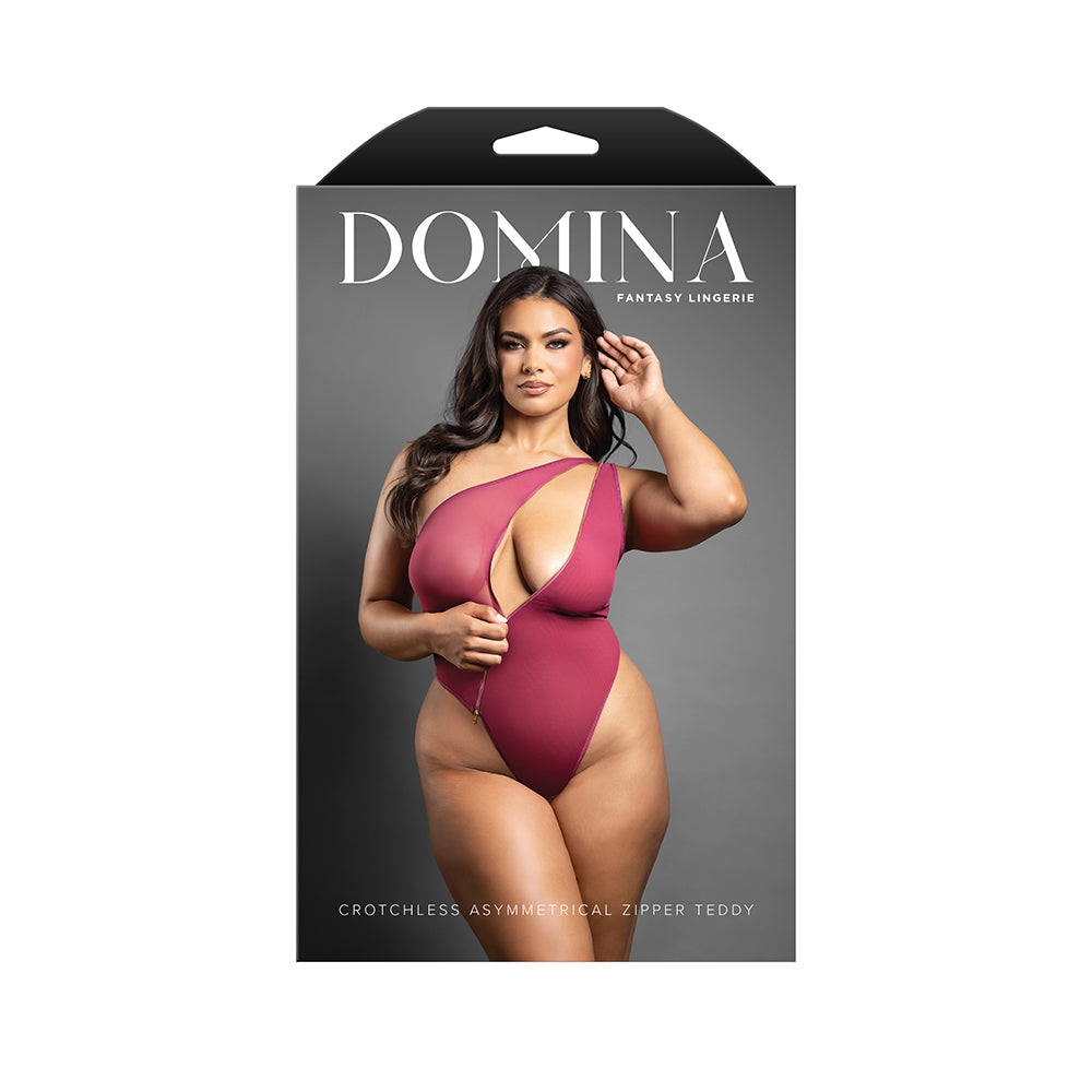 Crotchless One-Shoulder Mesh Teddy - Berry (Queen Size)