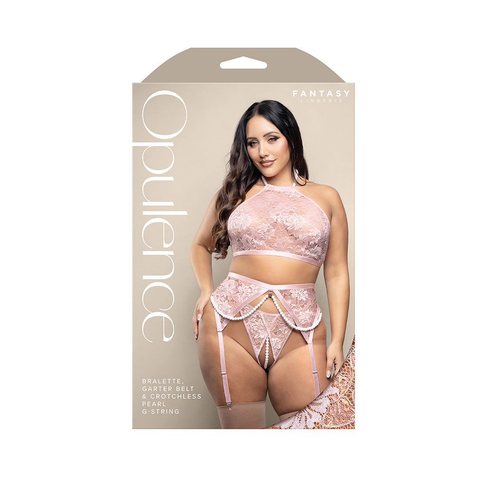 Opulence Pearl Halter Bralette Garter & Crotchless G-String Lingerie Queen