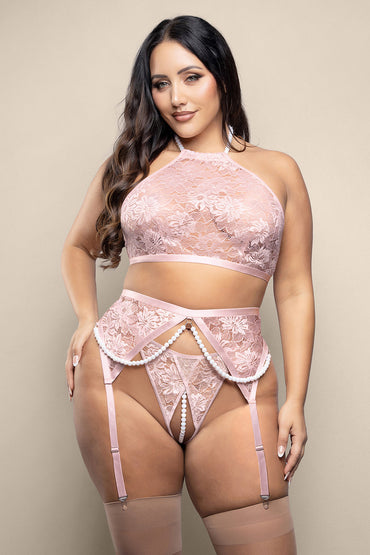 Opulence Pearl Halter Bralette Garter & Crotchless G-String Lingerie Queen
